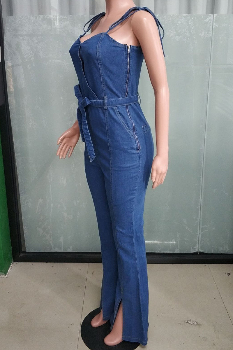 Street Color Lace Up Slit Patchwork Spaghetti Strap Regular Jumpsuits