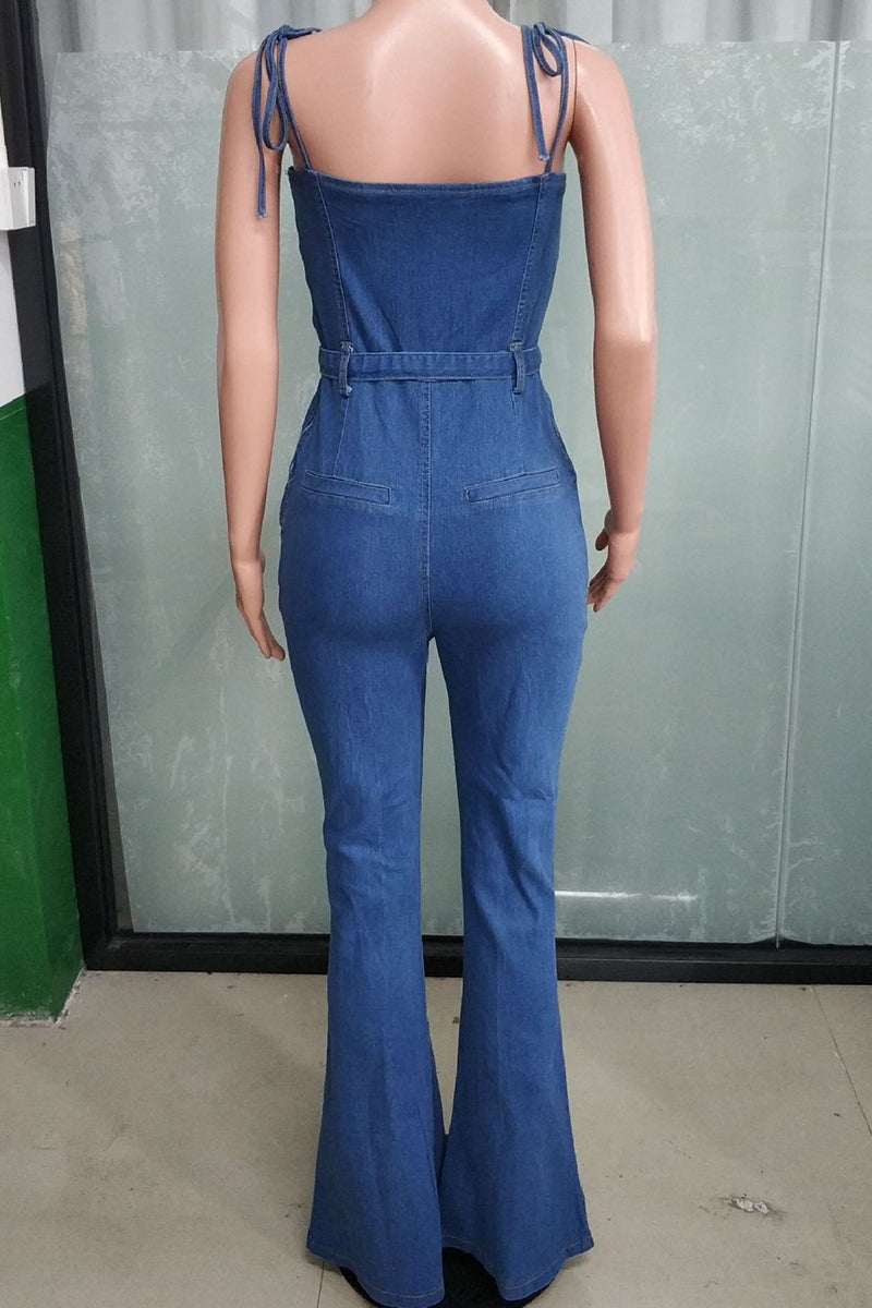 Street Color Lace Up Slit Patchwork Spaghetti Strap Regular Jumpsuits