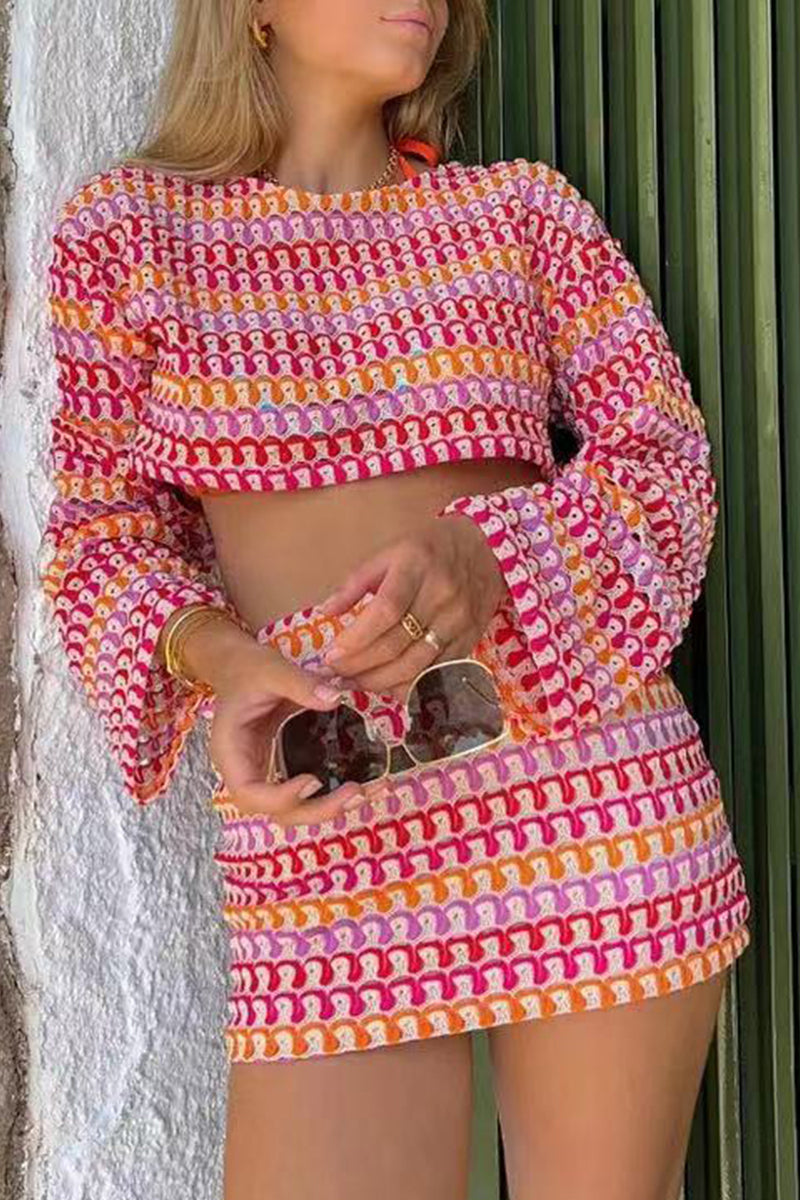 Colorblock Lace Contrast O Neck Long Sleeve Two Pieces