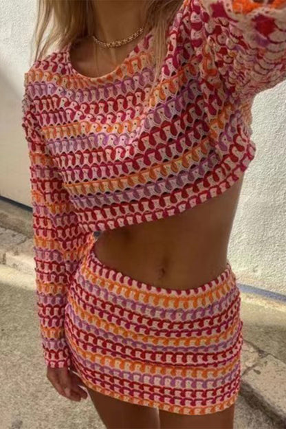Colorblock Lace Contrast O Neck Long Sleeve Two Pieces