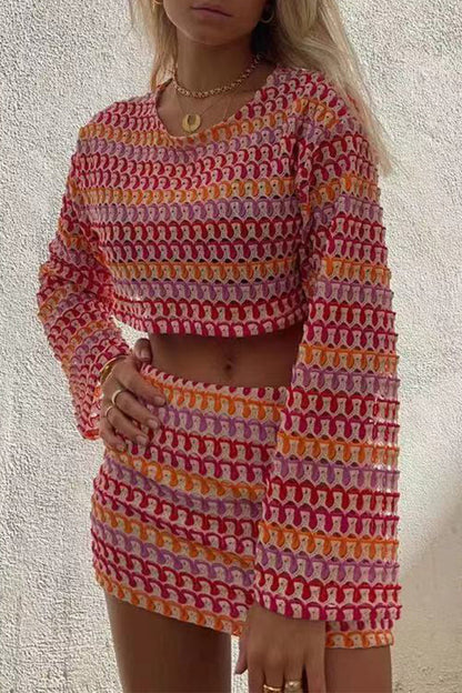 Colorblock Lace Contrast O Neck Long Sleeve Two Pieces