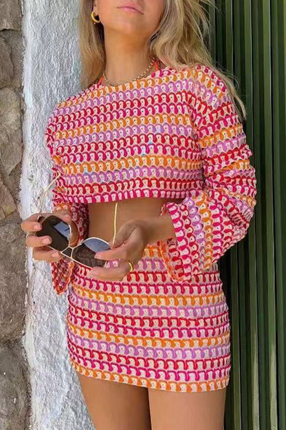 Colorblock Lace Contrast O Neck Long Sleeve Two Pieces