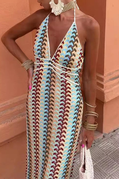 Colorblock Lace Up Backless Contrast V Neck One Step Skirt Dresses