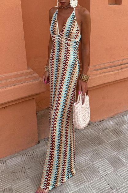 Colorblock Lace Up Backless Contrast V Neck One Step Skirt Dresses