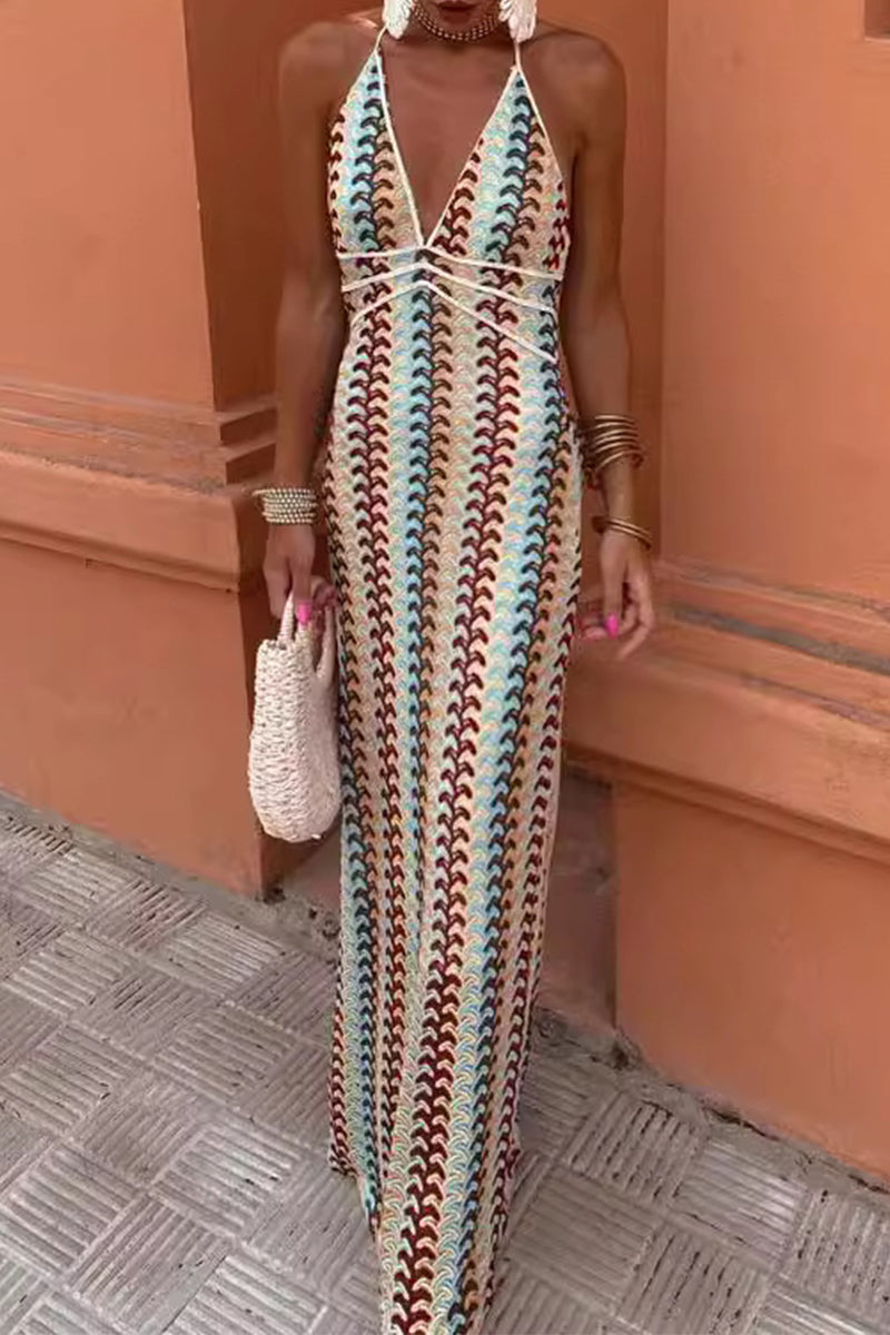 Colorblock Lace Up Backless Contrast V Neck One Step Skirt Dresses