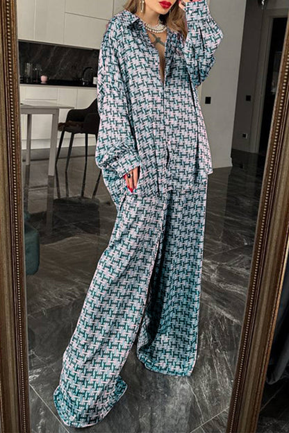 Daily Geometric Print Contrast Turndown Collar Long Sleeve Two Pieces