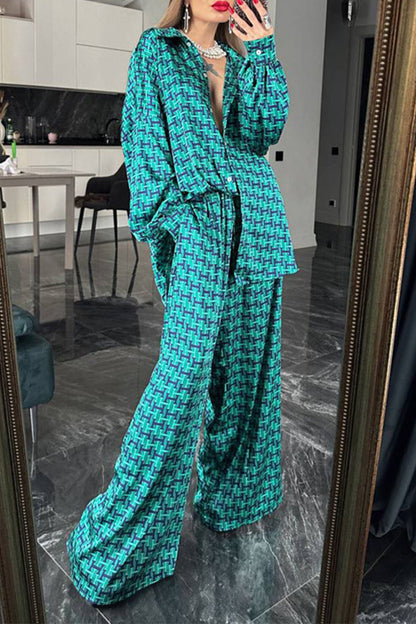 Daily Geometric Print Contrast Turndown Collar Long Sleeve Two Pieces