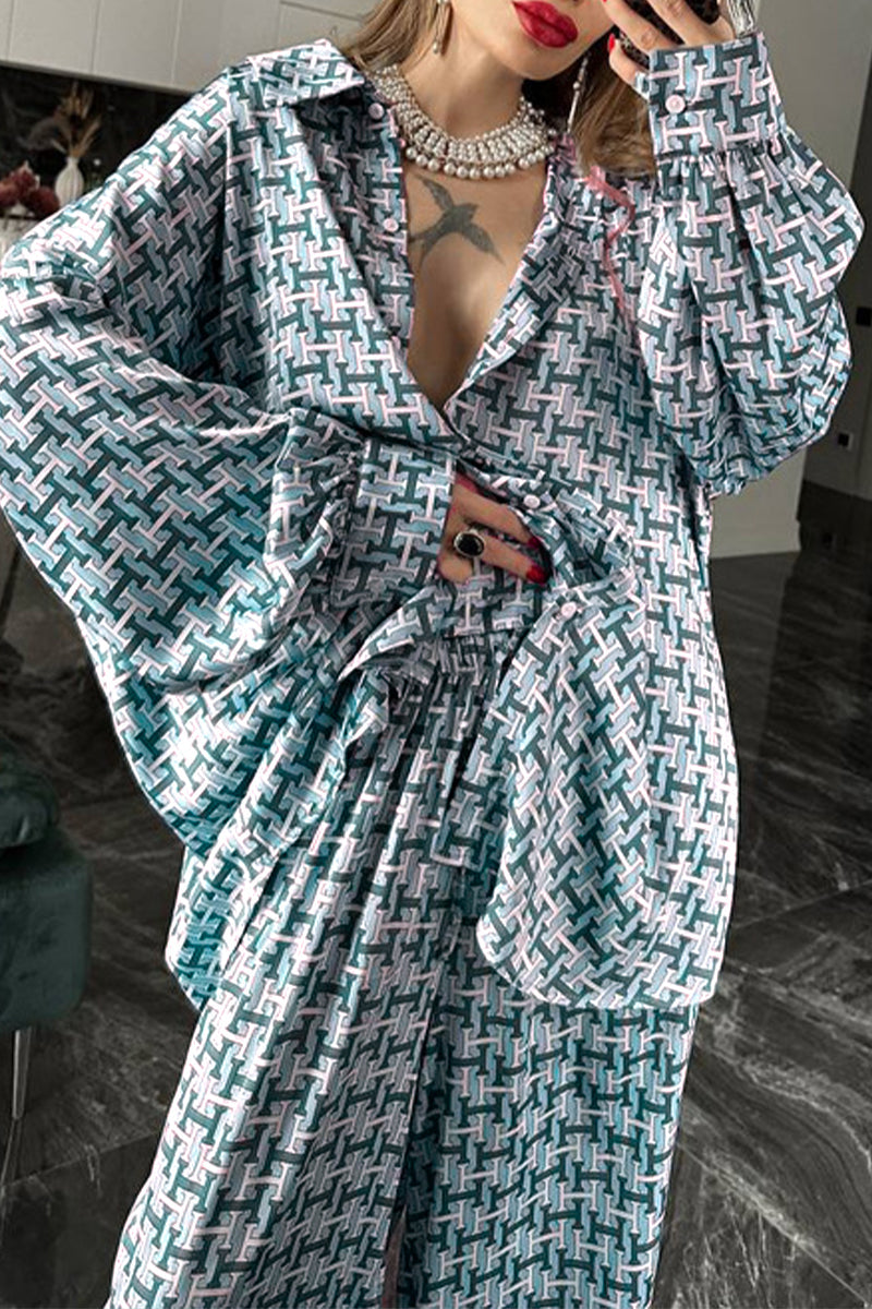 Daily Geometric Print Contrast Turndown Collar Long Sleeve Two Pieces
