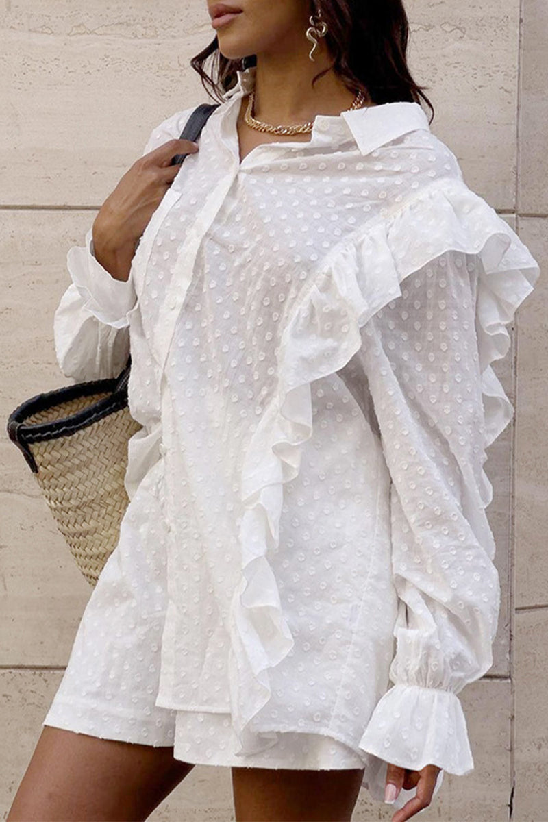 Daily Jacquard Color Pocket Ruffle Turndown Collar Long Sleeve Two Pieces
