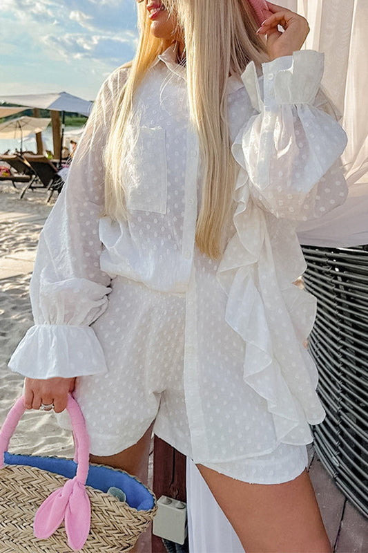 Daily Jacquard Color Pocket Ruffle Turndown Collar Long Sleeve Two Pieces