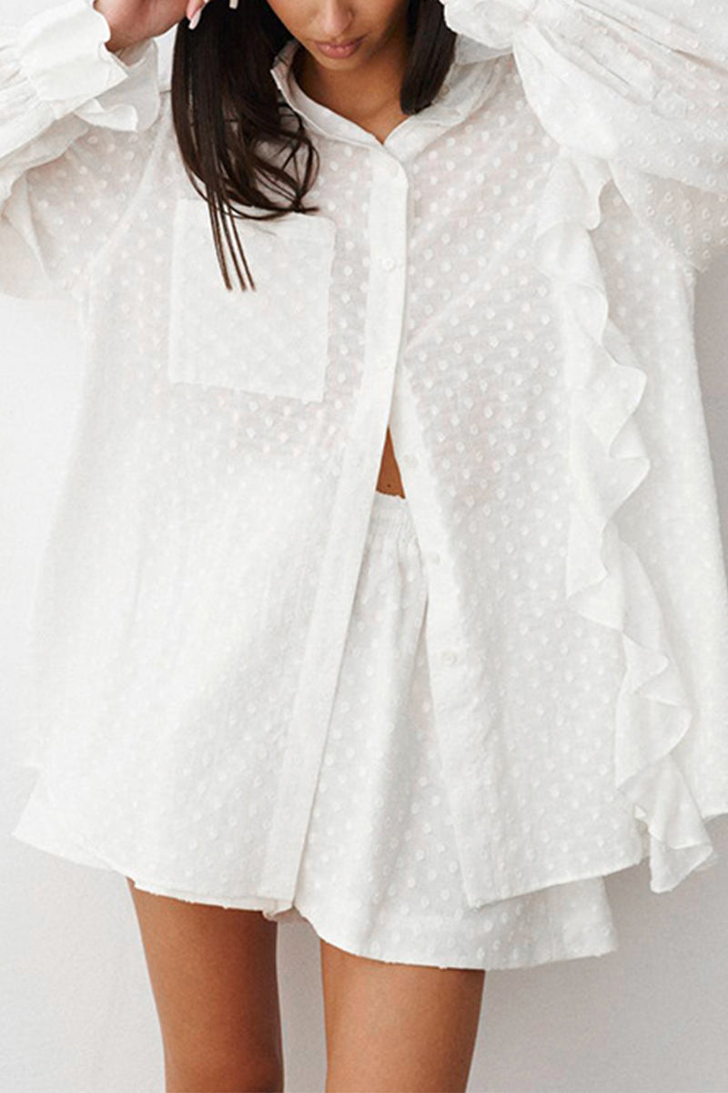 Daily Jacquard Color Pocket Ruffle Turndown Collar Long Sleeve Two Pieces