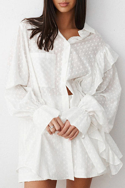Daily Jacquard Color Pocket Ruffle Turndown Collar Long Sleeve Two Pieces