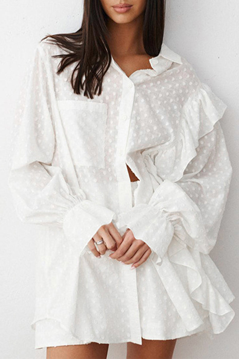 Daily Jacquard Color Pocket Ruffle Turndown Collar Long Sleeve Two Pieces