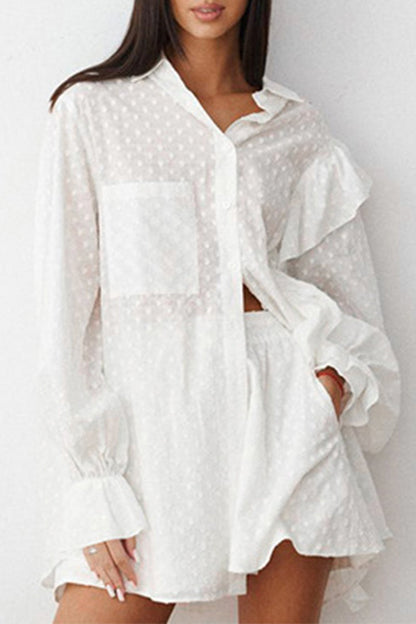 Daily Jacquard Color Pocket Ruffle Turndown Collar Long Sleeve Two Pieces
