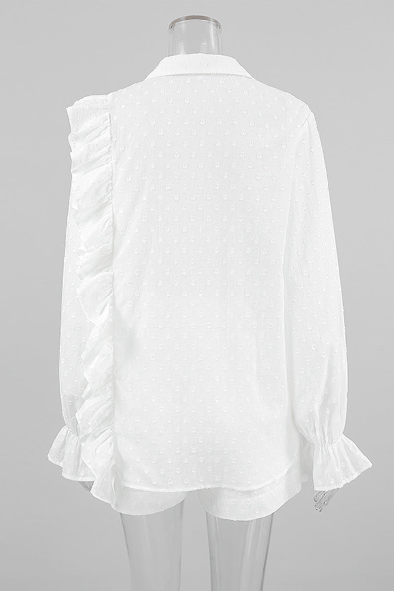 Daily Jacquard Color Pocket Ruffle Turndown Collar Long Sleeve Two Pieces