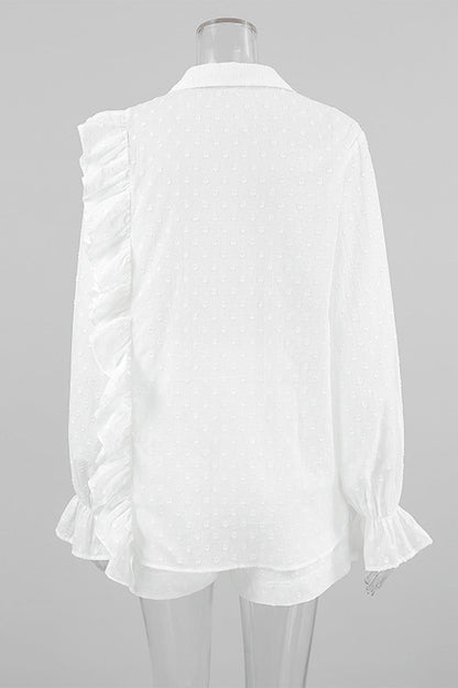 Daily Jacquard Color Pocket Ruffle Turndown Collar Long Sleeve Two Pieces