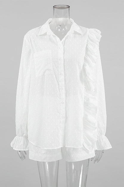 Daily Jacquard Color Pocket Ruffle Turndown Collar Long Sleeve Two Pieces
