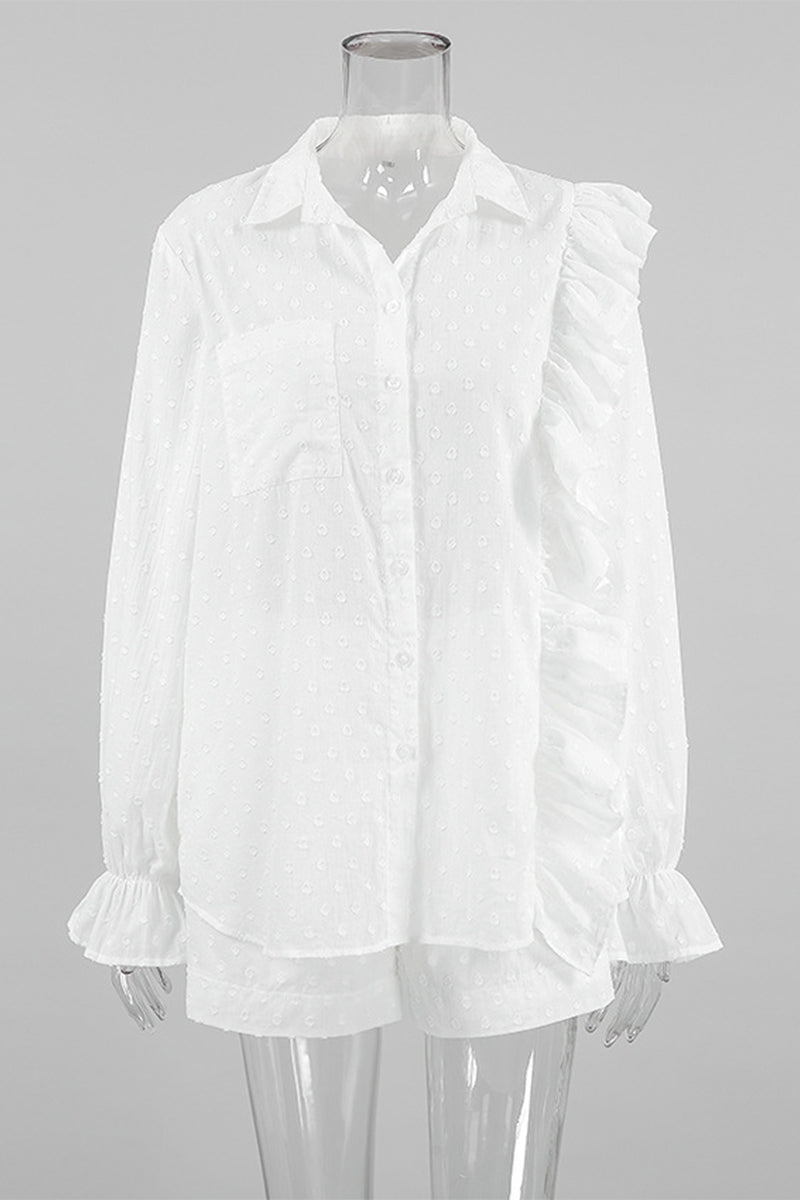 Daily Jacquard Color Pocket Ruffle Turndown Collar Long Sleeve Two Pieces