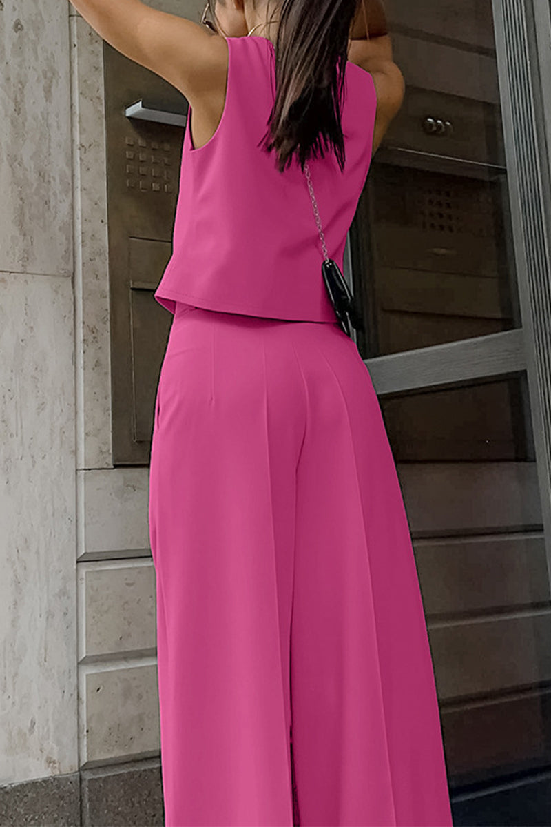 Business Wear Color Pocket Buttons V Neck Sleeveless Two Pieces