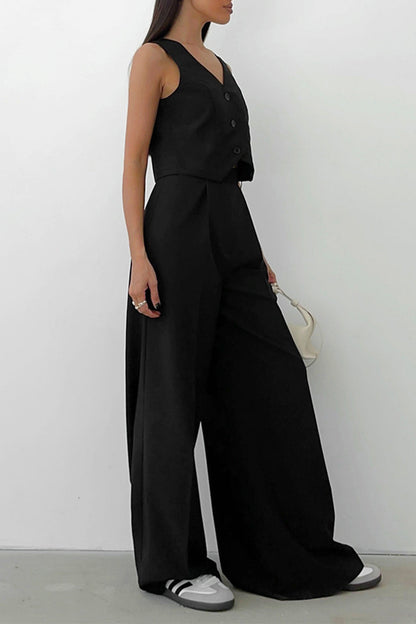 Business Wear Color Pocket Buttons V Neck Sleeveless Two Pieces