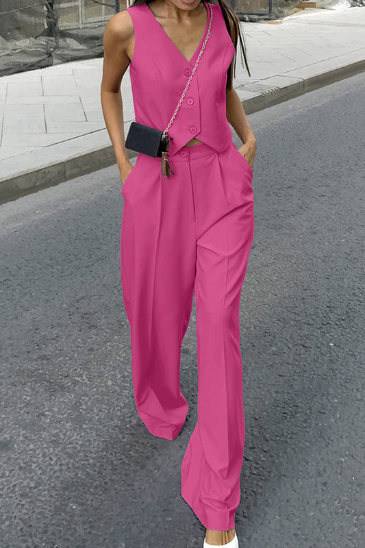 Business Wear Color Pocket Buttons V Neck Sleeveless Two Pieces