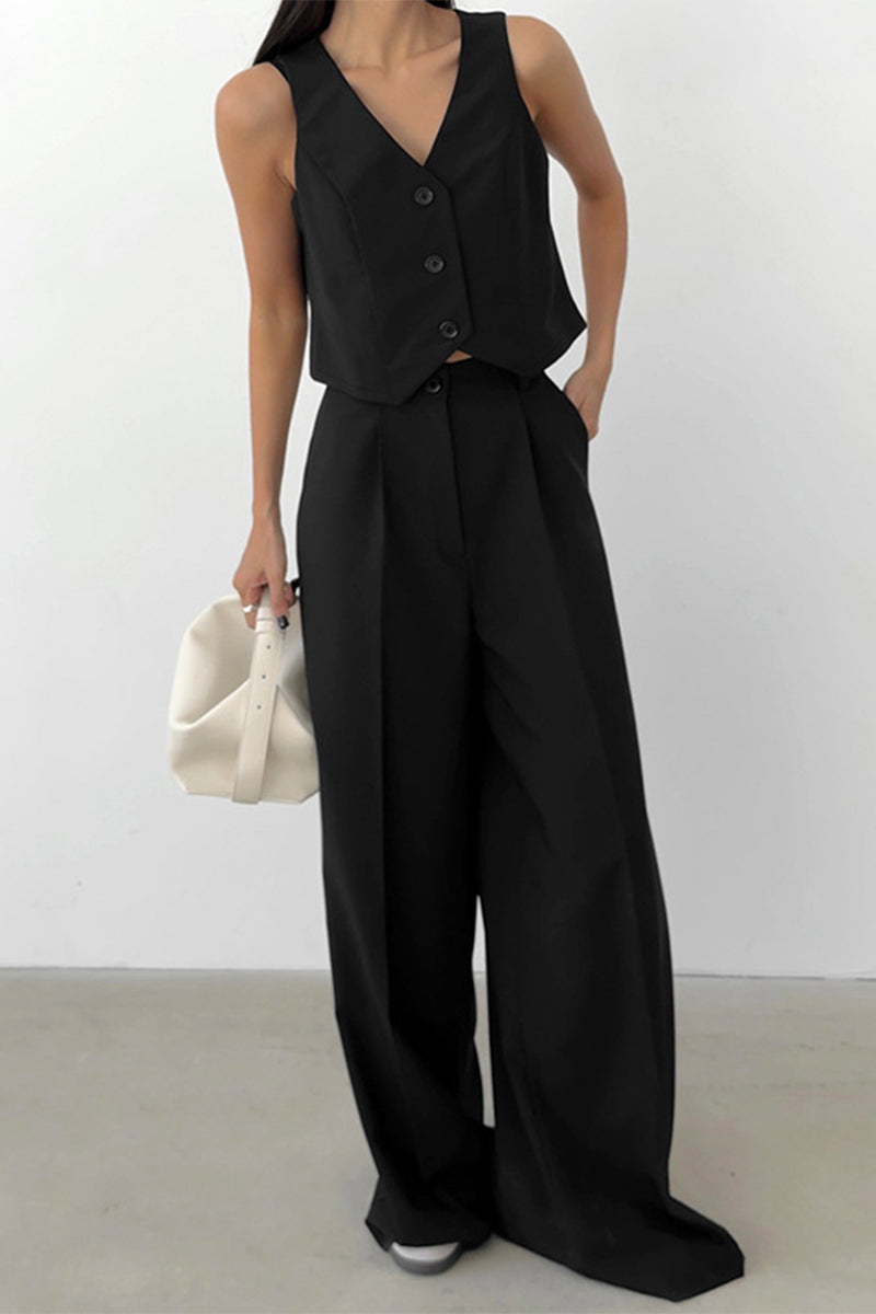 Business Wear Color Pocket Buttons V Neck Sleeveless Two Pieces
