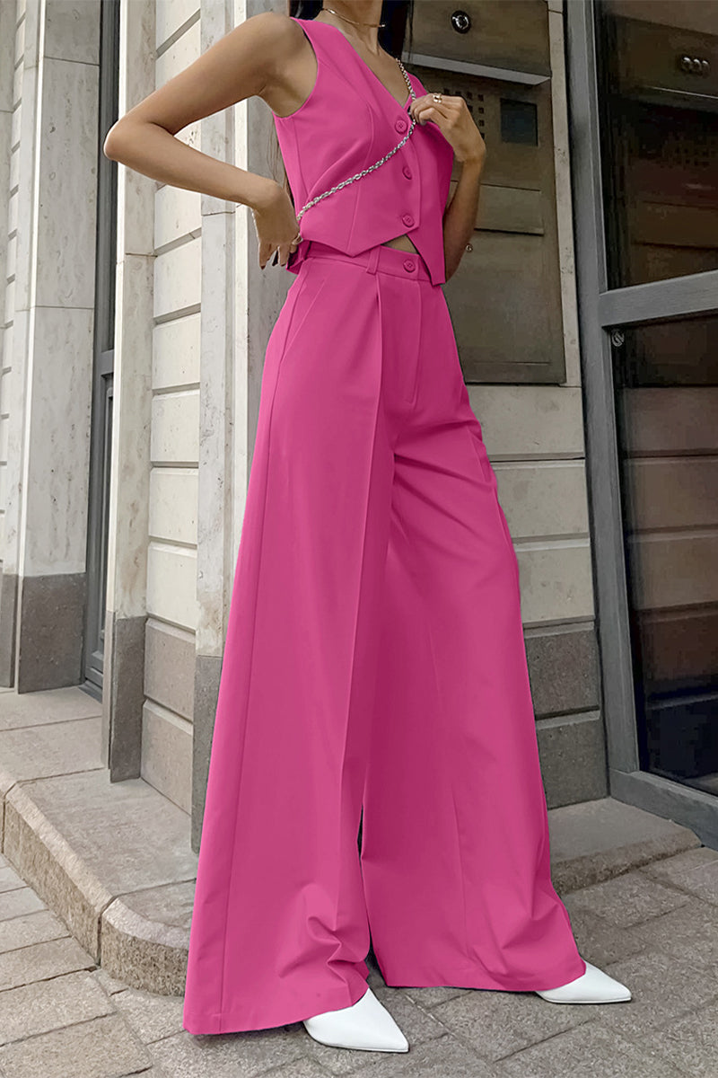 Business Wear Color Pocket Buttons V Neck Sleeveless Two Pieces