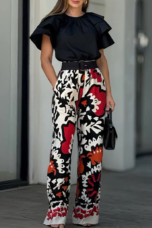 Print Pocket Ruffle Without Belt O Neck Two Pieces