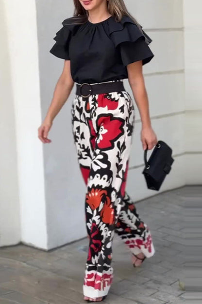 Print Pocket Ruffle Without Belt O Neck Two Pieces
