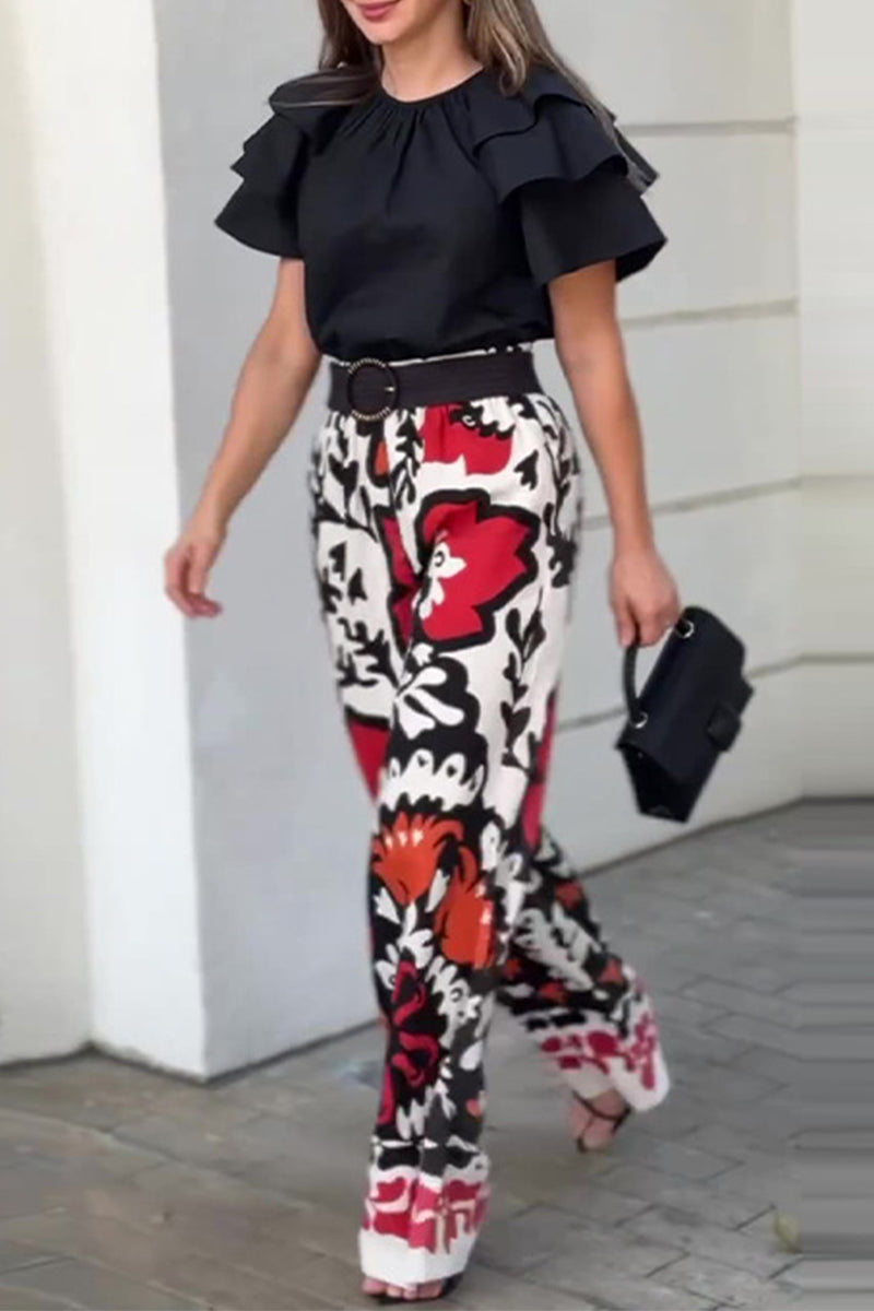 Print Pocket Ruffle Without Belt O Neck Two Pieces