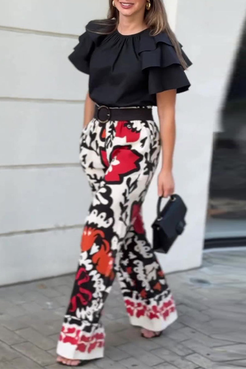 Print Pocket Ruffle Without Belt O Neck Two Pieces