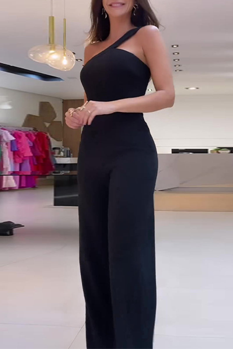 Street Color Irregular Oblique Collar Regular Jumpsuits