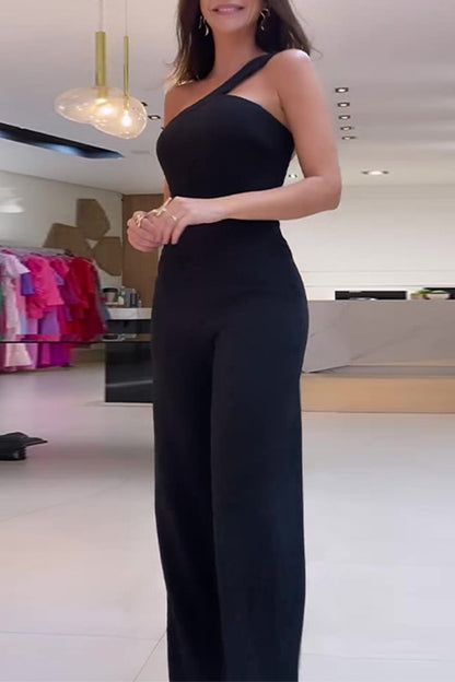 Street Color Irregular Oblique Collar Regular Jumpsuits