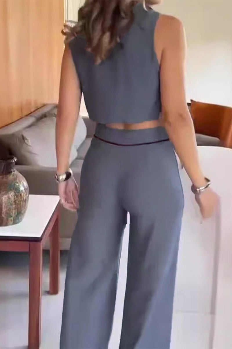Business Wear Colorblock Buttons Contrast V Neck Sleeveless Two Pieces