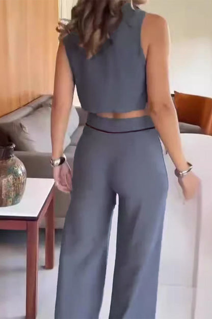 Business Wear Colorblock Buttons Contrast V Neck Sleeveless Two Pieces