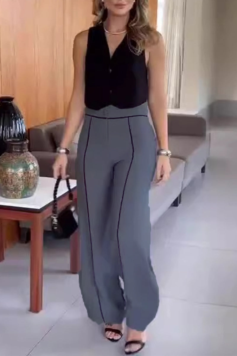 Business Wear Colorblock Buttons Contrast V Neck Sleeveless Two Pieces