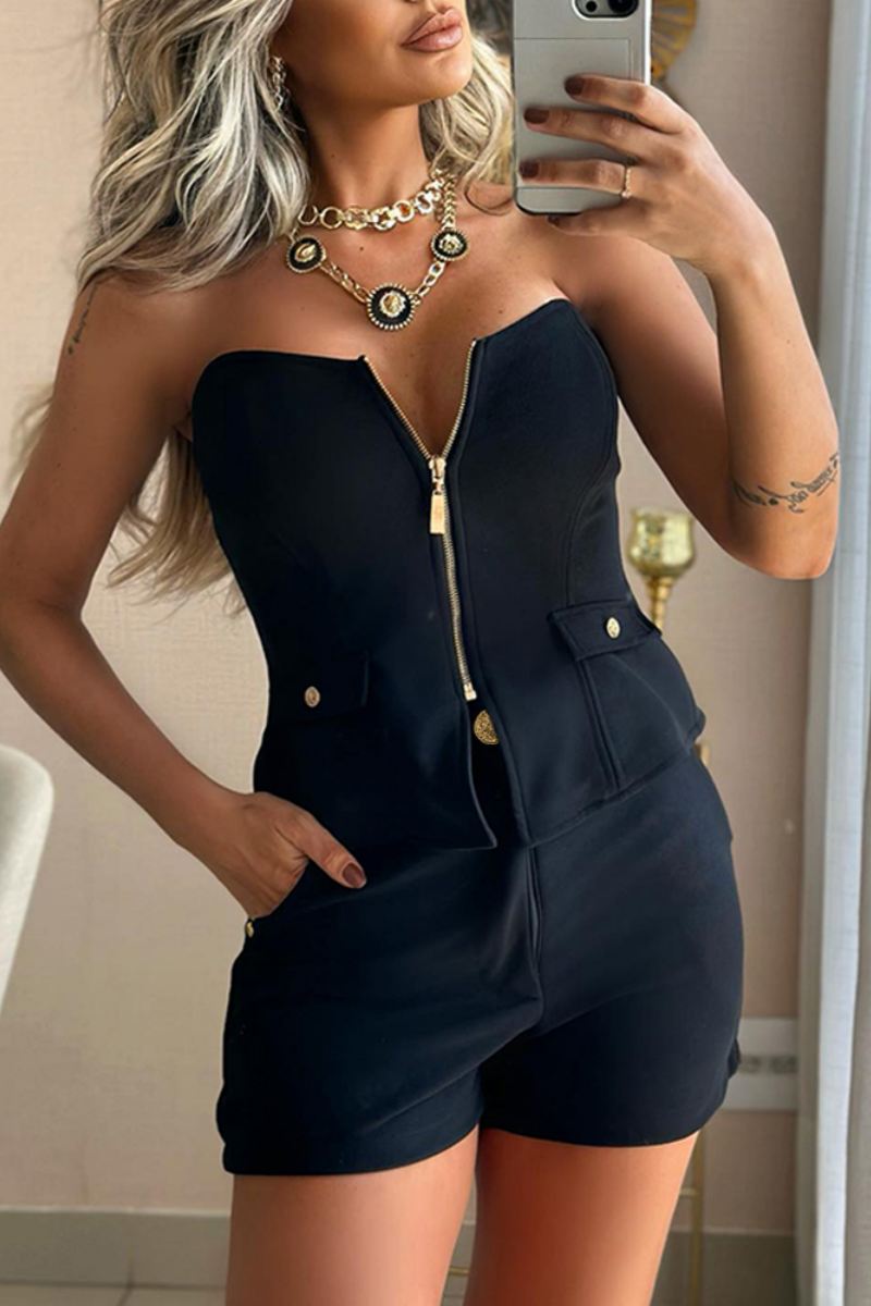 Color Backless Zipper Patchwork Strapless Sleeveless Two Pieces