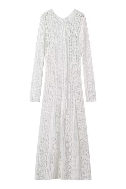 Color Hollow Out Tassel O Neck One Step Skirt Dresses