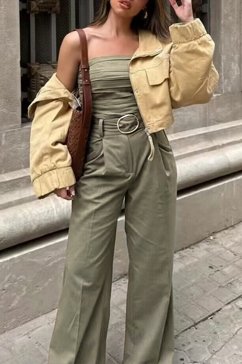 Street Color Pocket Ruched With Belt Strapless Sleeveless Two Pieces