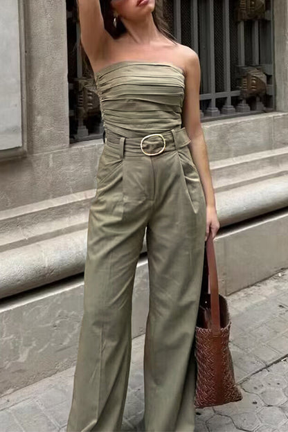 Street Color Pocket Ruched With Belt Strapless Sleeveless Two Pieces