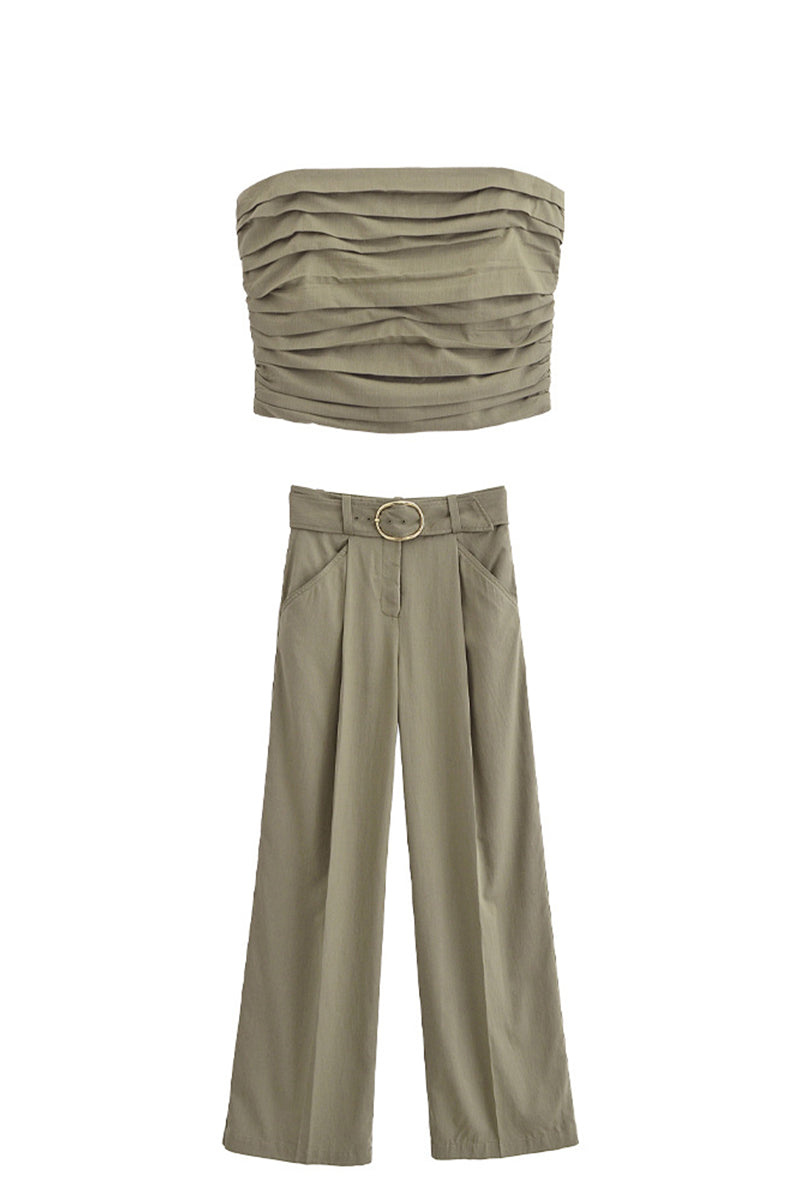 Street Color Pocket Ruched With Belt Strapless Sleeveless Two Pieces