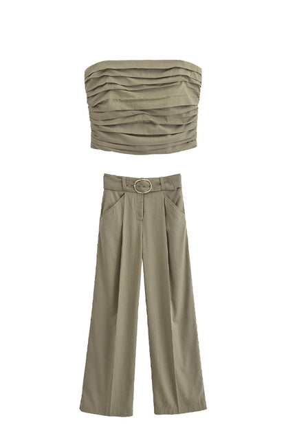 Street Color Pocket Ruched With Belt Strapless Sleeveless Two Pieces