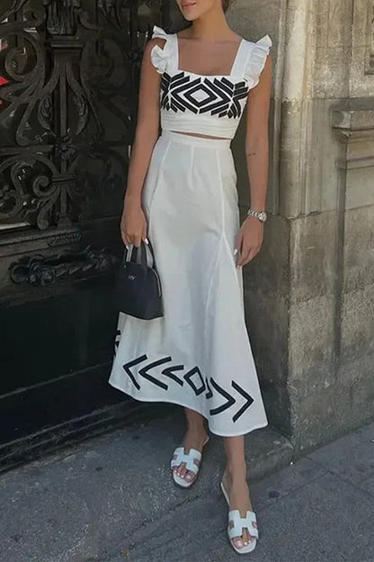 Vacation Geometric Print Ruffle Square Neck Two Pieces