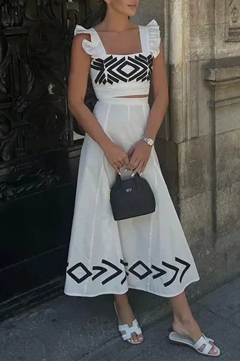Vacation Geometric Print Ruffle Square Neck Two Pieces