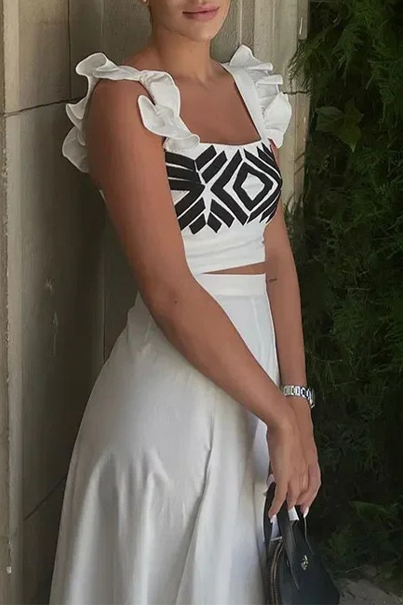 Vacation Geometric Print Ruffle Square Neck Two Pieces