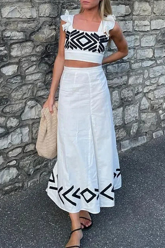 Vacation Geometric Print Ruffle Square Neck Two Pieces