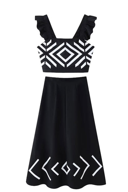 Vacation Geometric Print Ruffle Square Neck Two Pieces