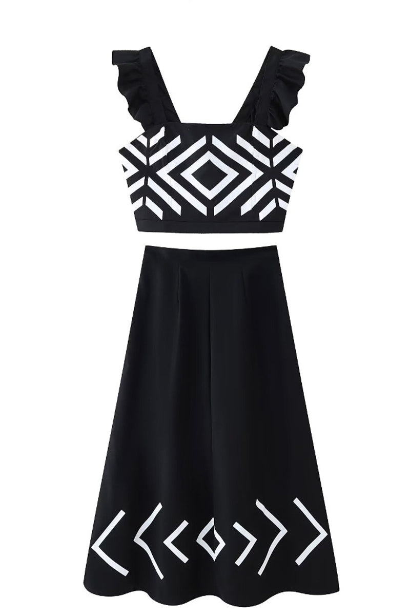 Vacation Geometric Print Ruffle Square Neck Two Pieces
