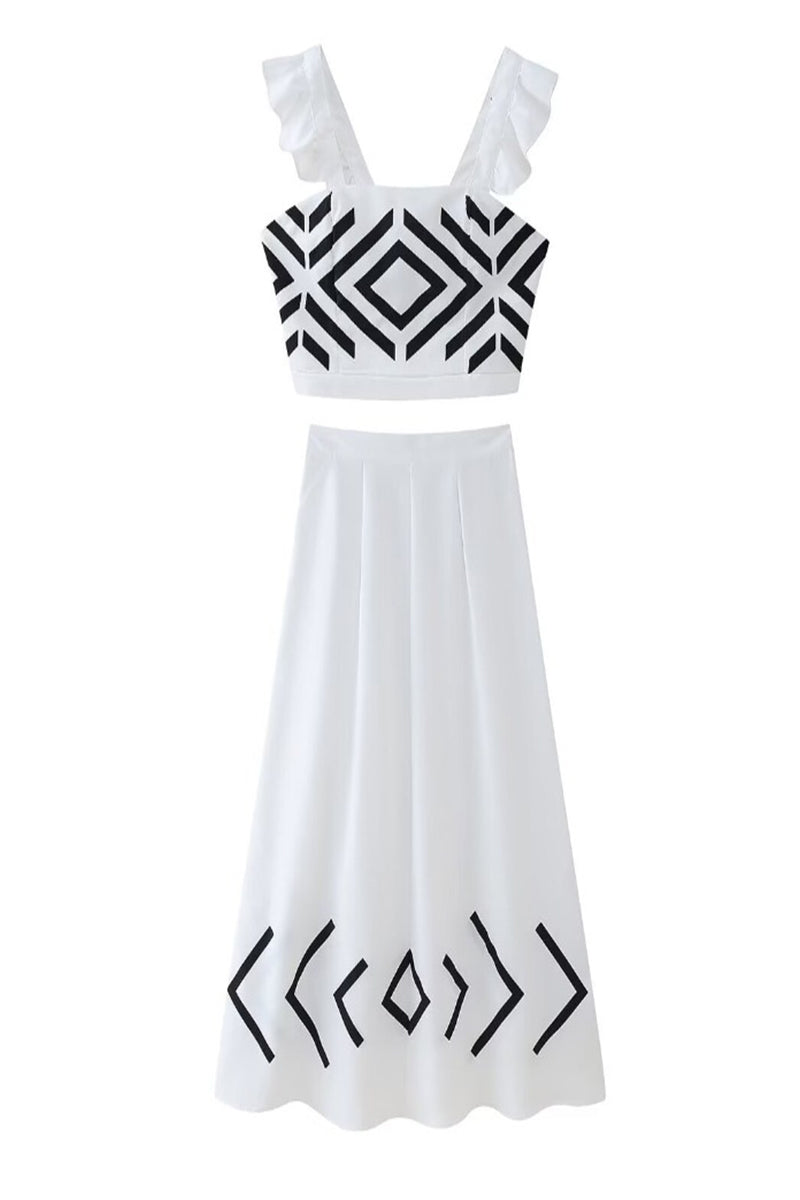 Vacation Geometric Print Ruffle Square Neck Two Pieces