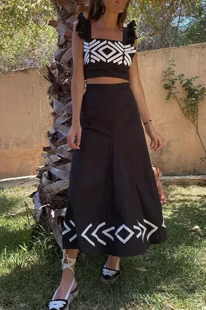 Vacation Geometric Print Ruffle Square Neck Two Pieces